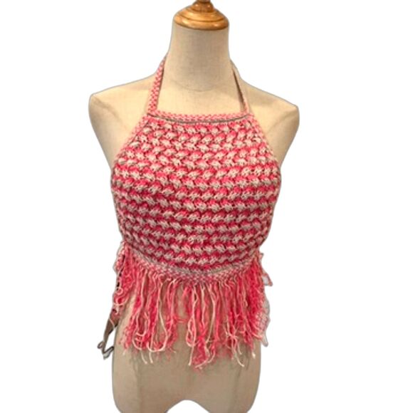 Marco Rambaldi Ssense Pink Crochet Halter Top Fringe Hem NEW NWT L Cotton Linen - Picture 1 of 9